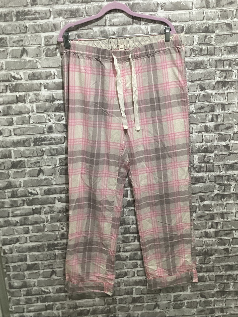 J. Crew Pink & Gray Plaid 100% Cotton Lightweight Lounge Elastic Waist Pants  L